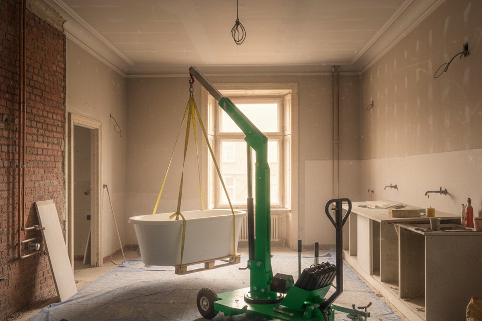 Gru con braccio girevole e stabilizzatori per lavori di ristrutturazione e installazione di impianti sanitari Miload MG400 portata 400kg mini gru per edilizia