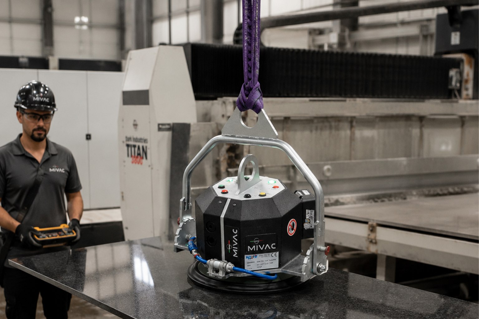 Liftagon by Mivac - soluzione di sollevamento sotto gancio a ventosa per movimentazione lastre di ceramica, gres porcellanato e marmo