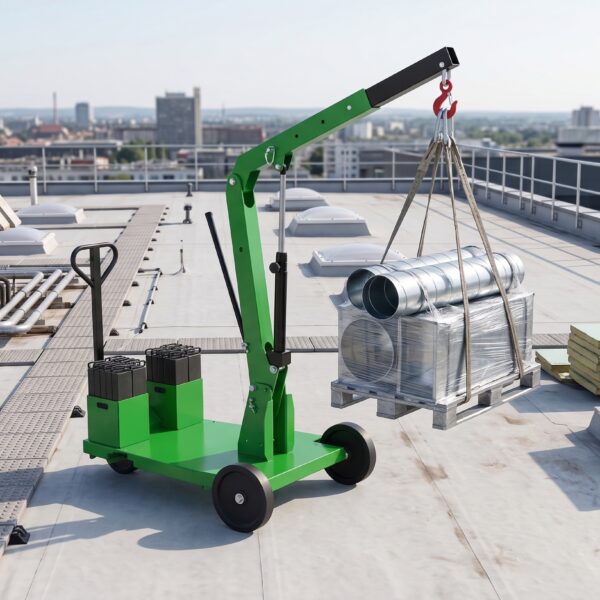 Mini gru per tetti MF450 durante il sollevamento di un carico su copertura